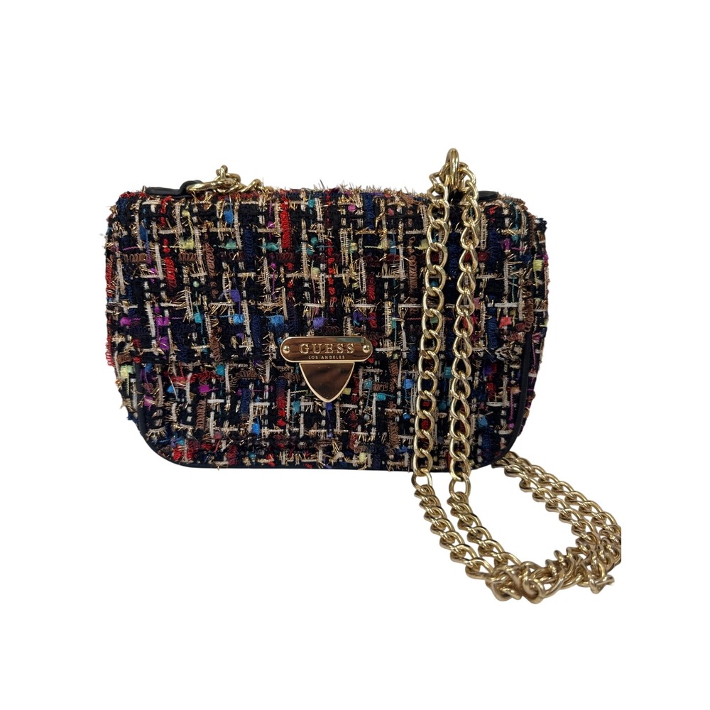 Guess Los Angeles Tweed Crossbody Bag Multicolor Boucle Gold Chain Strap Small